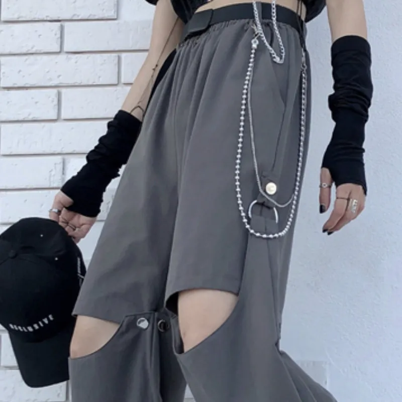 

Pants Women Summer Cargo Loose Patchwork Elastic High Waist Shashes Streetwear Removable Bare-Knees Capris Design Trendy Casual