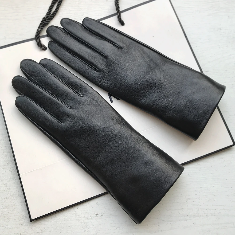 Unlined Women Genuine Leather gloves Men pure Sheepskin glove wrist button Black white 25cm Medium Long Basic