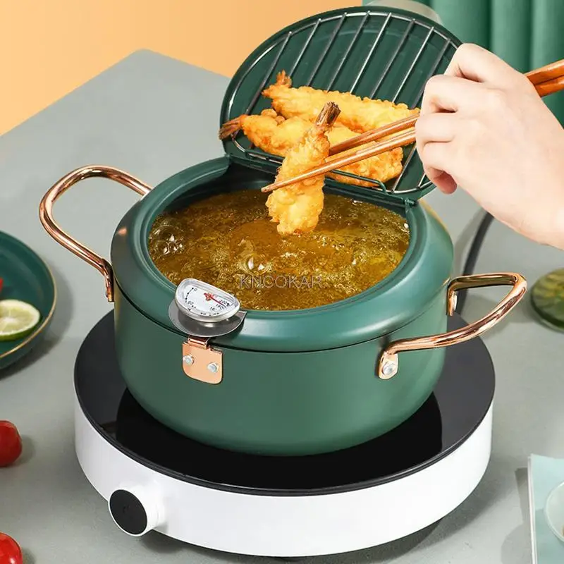 

Keuken Frituren Pot Thermometre Tempura Friteuse Pan Temperatuurregeling Gebakken Kip Pot Koken Gereedschap Groen Rvs