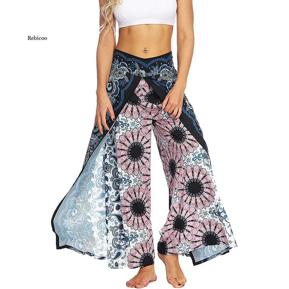 

Womens Slit Wide Leg Pants Summer Casual Beach Palazzo Boho Hippie Bohemian Pilate