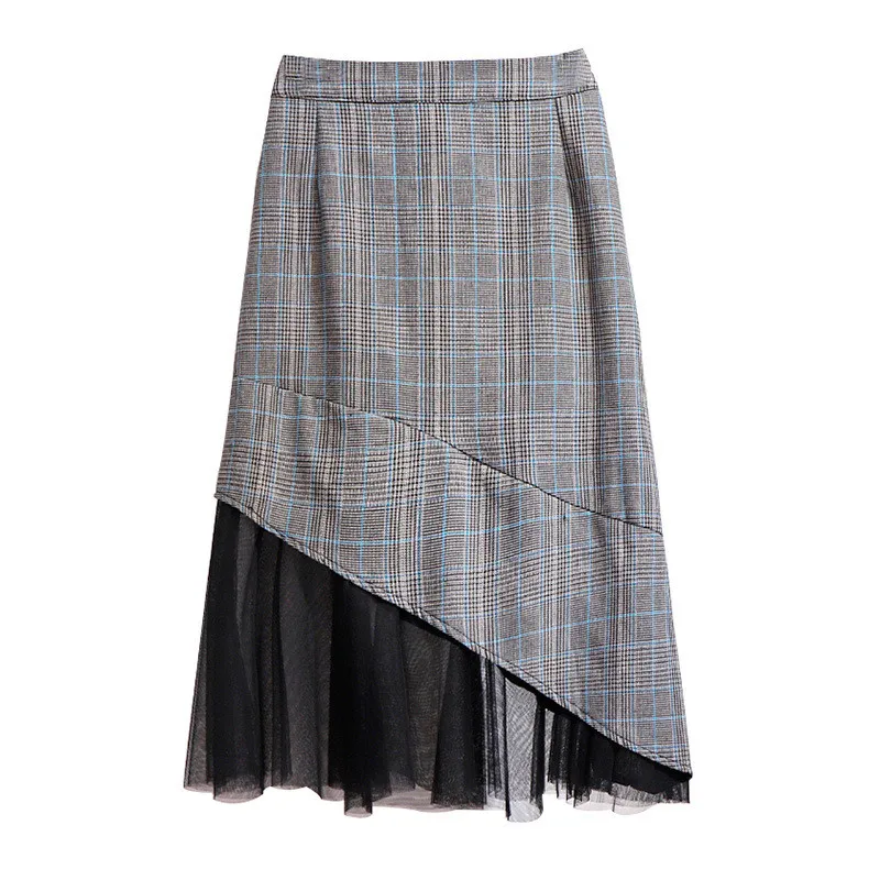 

2022 New Fashion Plaid Print Skirt High Quality Spring Summer Women's Mesh Splice A-line Skirt Female Slim Elastic Waist G944