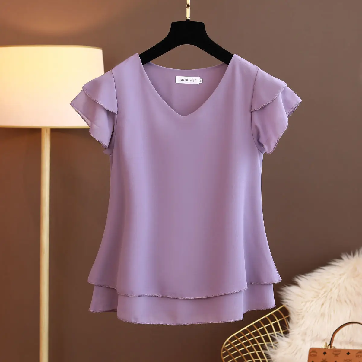 2025 New Summer Women Blouse Loose V-Neck Chiffon Shirt Female Short Sleeve Blouse Oversized Shirts womens tops and blouses Top