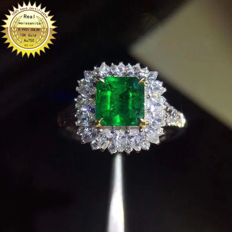 

9K Gold ring Lab Created 2ct Emerald and Moissanite Diamond Ring With national certificate Em-008