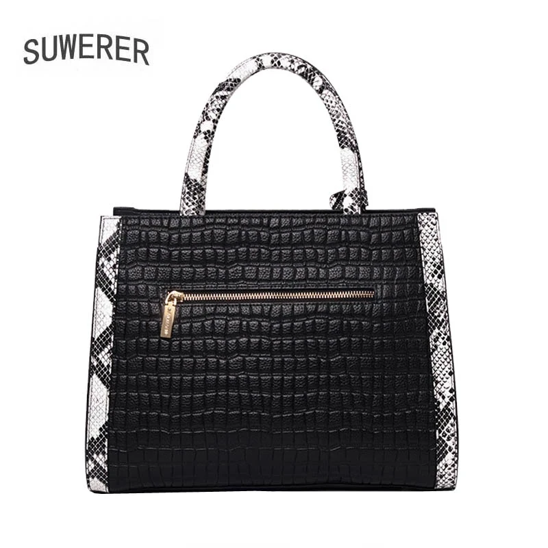 New Women Genuine Leather Bag Cowhide Leather Handbags Luxury Handbags Women Bags Designer Crocodile Pattern Black Tote Bag