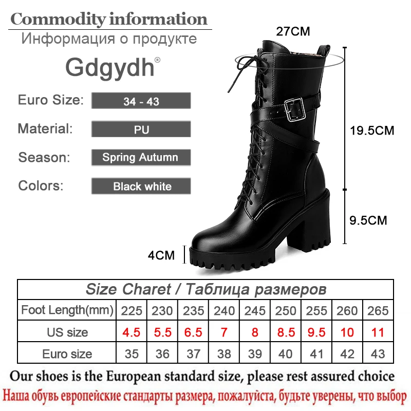 Gdgydh Women Mid-calf Boots Round Toe Thick High Heel Platform Shoes Soft Leather Punk Female Motorcycle Boots Plus Size 34-43