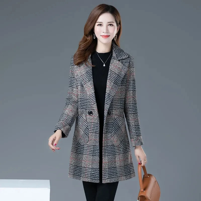 

New Women's Wool Blends Coat Winter Autumn Fashion Elegant Turtleneck Plaid Slim Long Tweed Woolen Outerwear Female Size 5XL