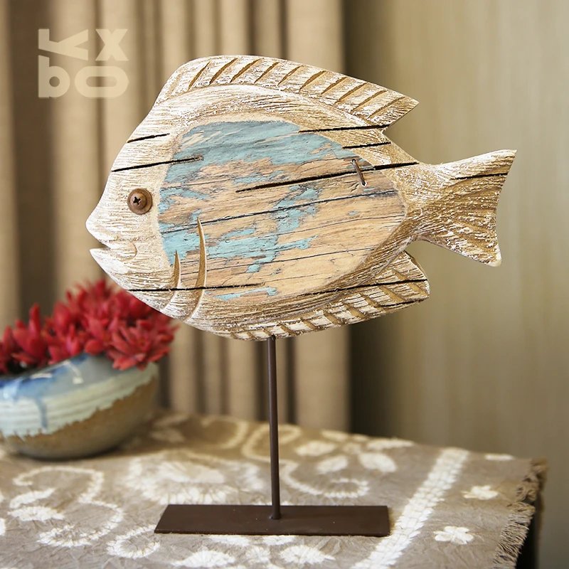 Nautical retro wood standing fish ornaments home decoration arts and crafts handmade