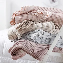 Pure Cotton Waffle Muslin Summer Bedspreads, Lace, Gray, Pink, Soft, Warm, Plaid, Throw Blanket, Large