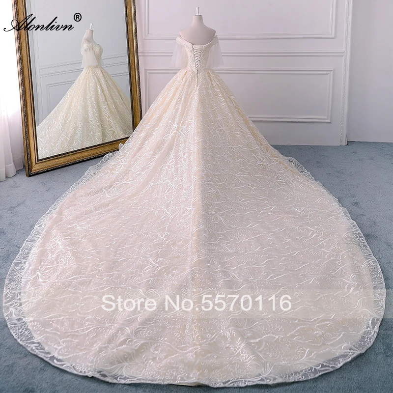 Alonlivn Brilliant Lace Ball Gown Bridal Skirts Beading Pearls Puff Half Sleeves Wedding Dresses Real Pictures