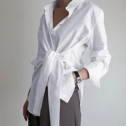 Fashion Women Shirt Blouse Long Sleeve Ruched Solid Color Tie Front Blouse for Office Ladies Elegant Autumn White Shirt