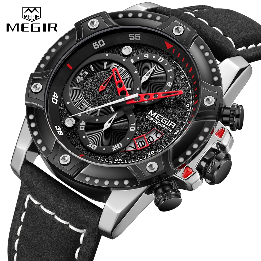 

New MEGIR Men Watch Leather Strap Sport Quartz Clock 2022 Fashion Luxury Brand Mens Watches Waterproof Multi-function Wristwatch