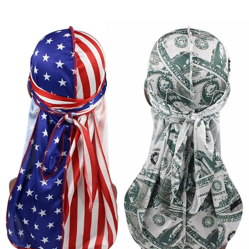 Unisex Silky Durags Funny Dollar American US Flag Print Bonnet Hat Pirate Cap