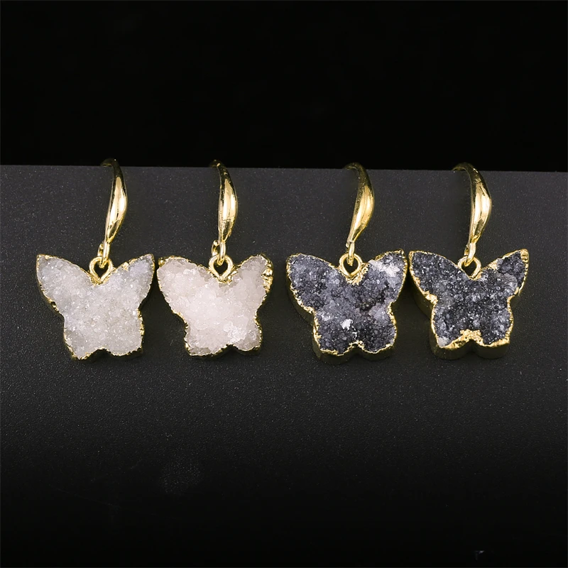 Raw Stone Butterfly Drop Druzy Crystal Quartz Earring for Women Girl Charm Jewelry with Gold Edge