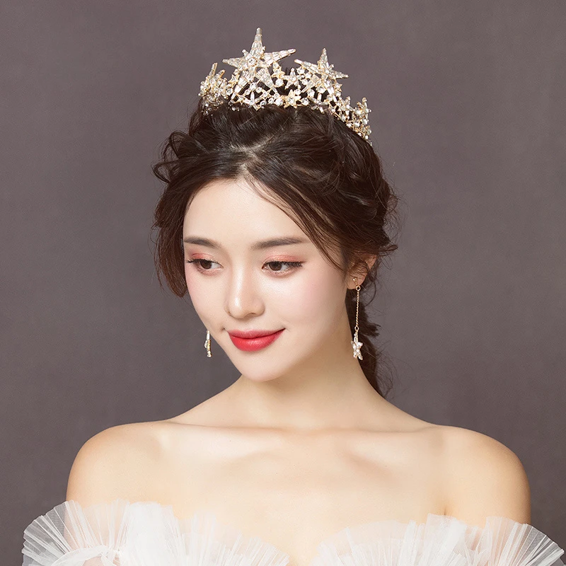 Luxury Stars Crown European Retro Jewelry Set Crowns Bride Crown Banquet Tiara Wedding Jewelry Hair Accessories with Earrings