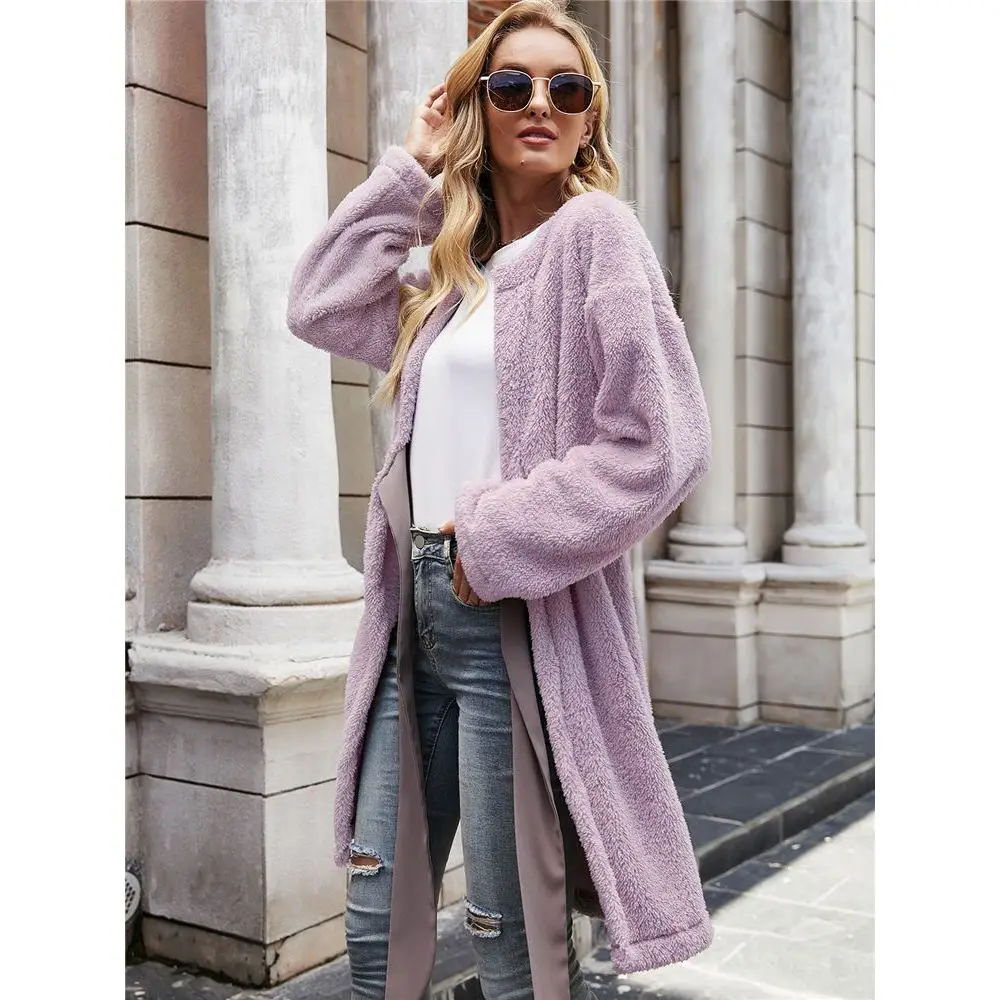 Women Winter Fuzzy Sweater Faux Fur Fluffy Fleece Cardigan Bow Belt Warm Robe Girl Elegant Streetwear Teddy Coat