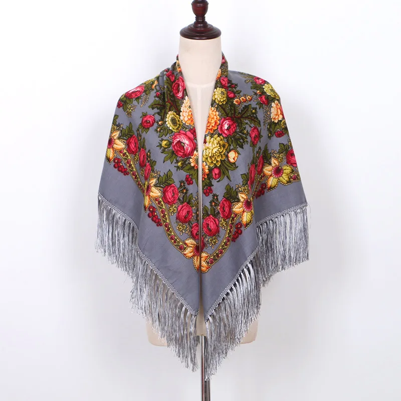 

Printed embroidery Shawl Floral Handkerchief Brand Poncho Muslim Headscarf Women Square Tassel Scarf Headband