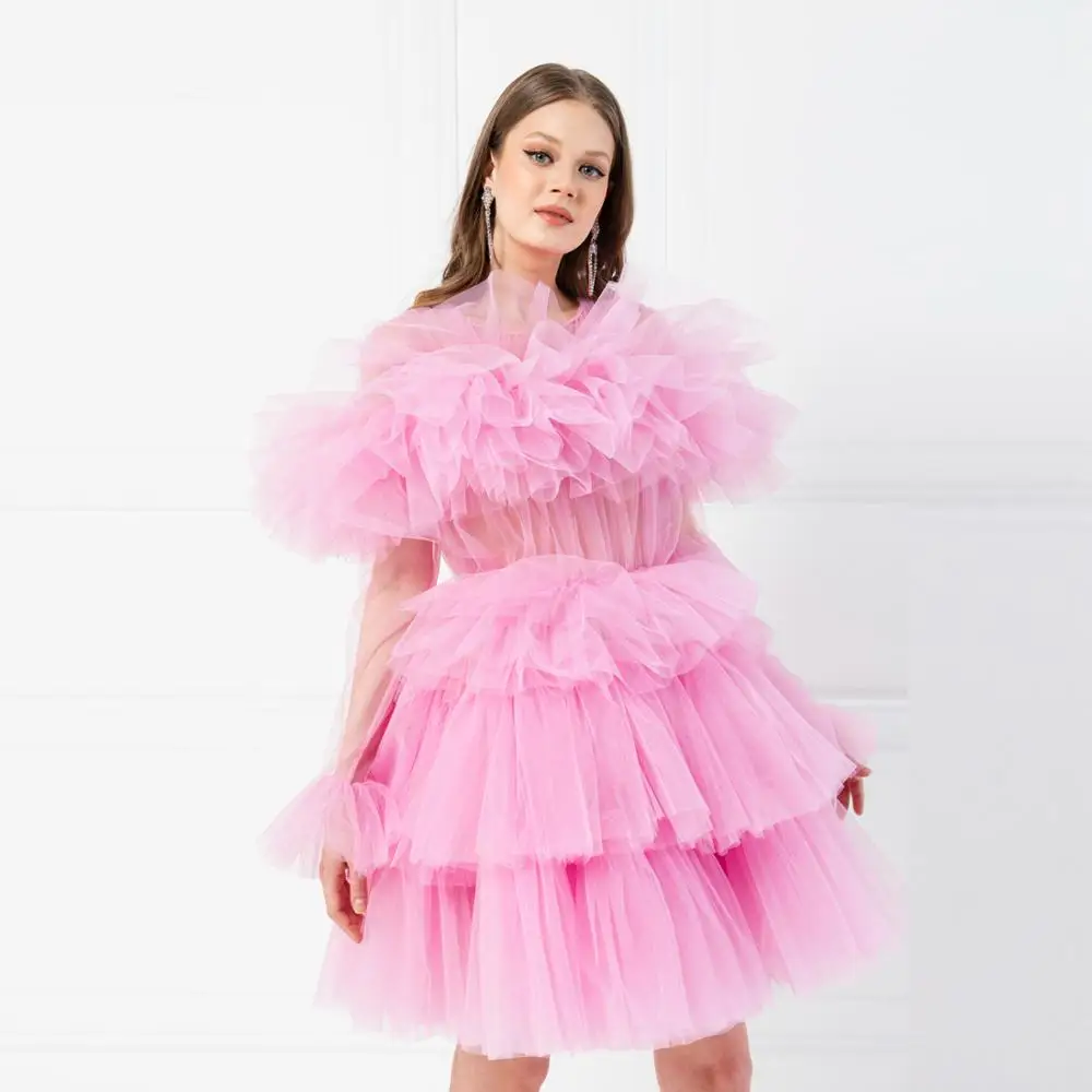 Sweet Pink Tulle Dresses Women Sexy Strapless Mini Short Dress Tiered Ruffle Girls Party Cocktail Formal Gowns