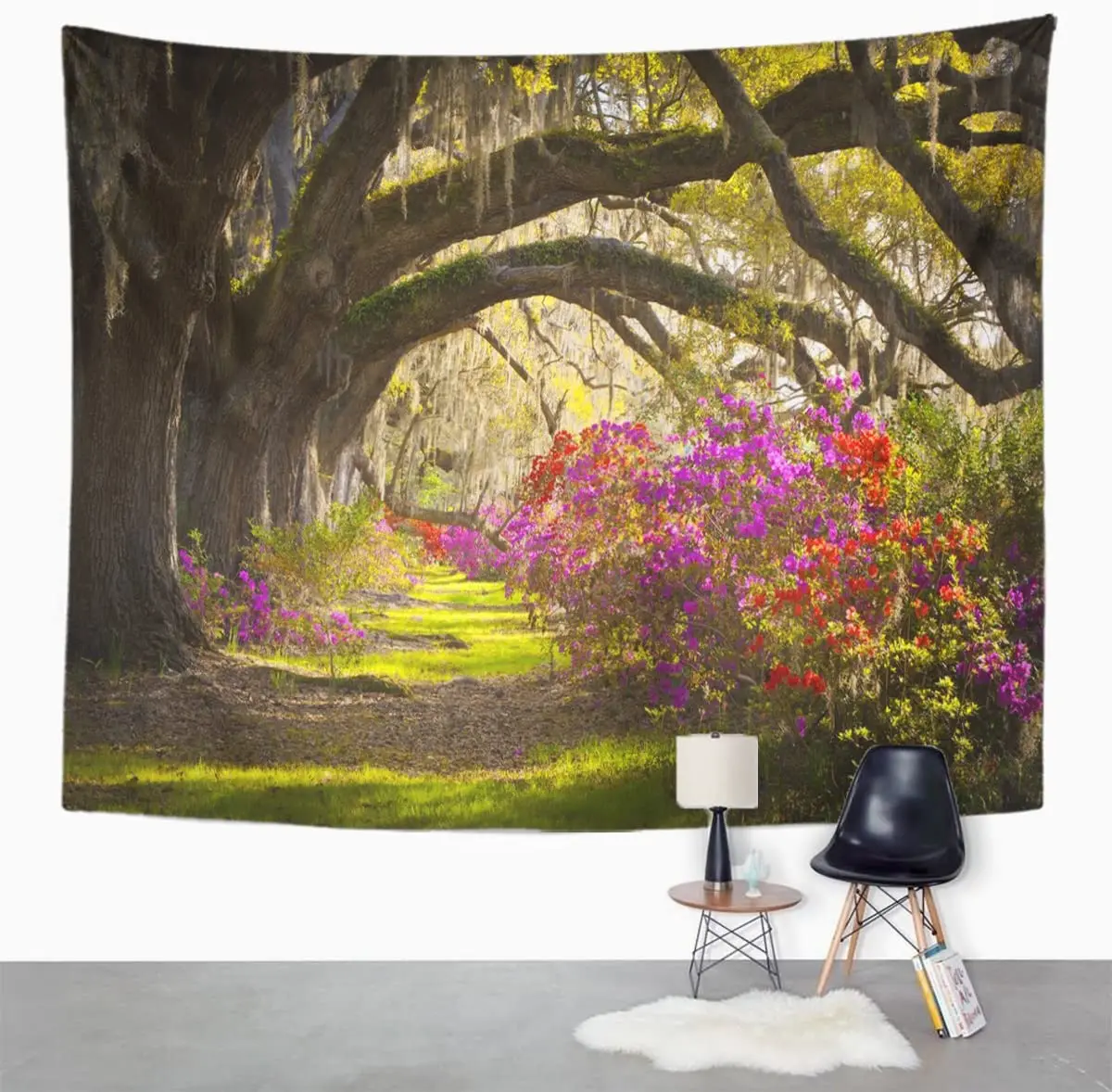 Charleston Sc Plantation Live Oak Trees Spanish Moss Azalea Flowers Blooming Spring Blooms Tapestry Wall Hanging for Living Room