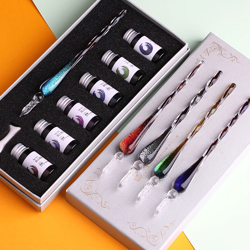 Handmade Starry Sky Glass Dip Pen 6 Bottles Color Ink Gift Box Adult Student Crystal Pen Creative Stationery