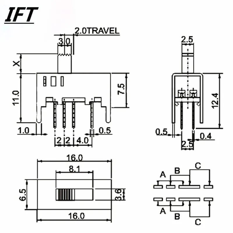 20 Pcs Free shopping SS-23D03-G5/G7 2P3T 3-Position 8 Pin Mini Horizontal Slide Switch 16mm x 12mm x 7mm
