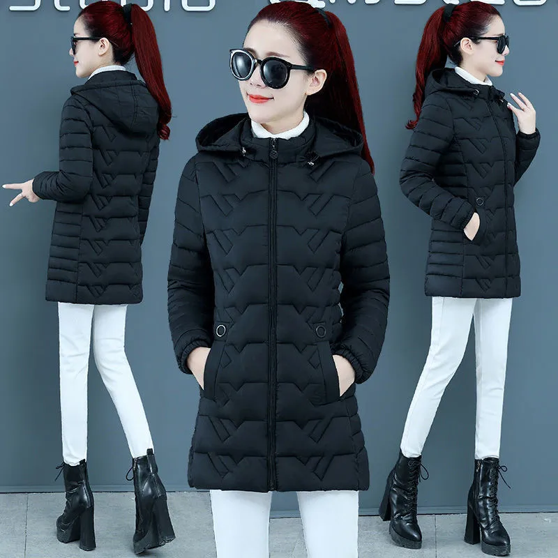 가을 겨울 파카 여성 다운 코튼 자켓 새로운 후드 미드 롱 코트 중년 여성 코튼 패딩 겉옷 패션