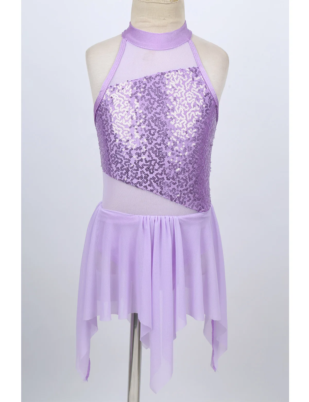 Vestido de Ballet de lentejuelas para niñas, sin mangas, cuello simulado, dobladillo asimétrico, leotardo, lírico, trajes de baile latino de Jazz,