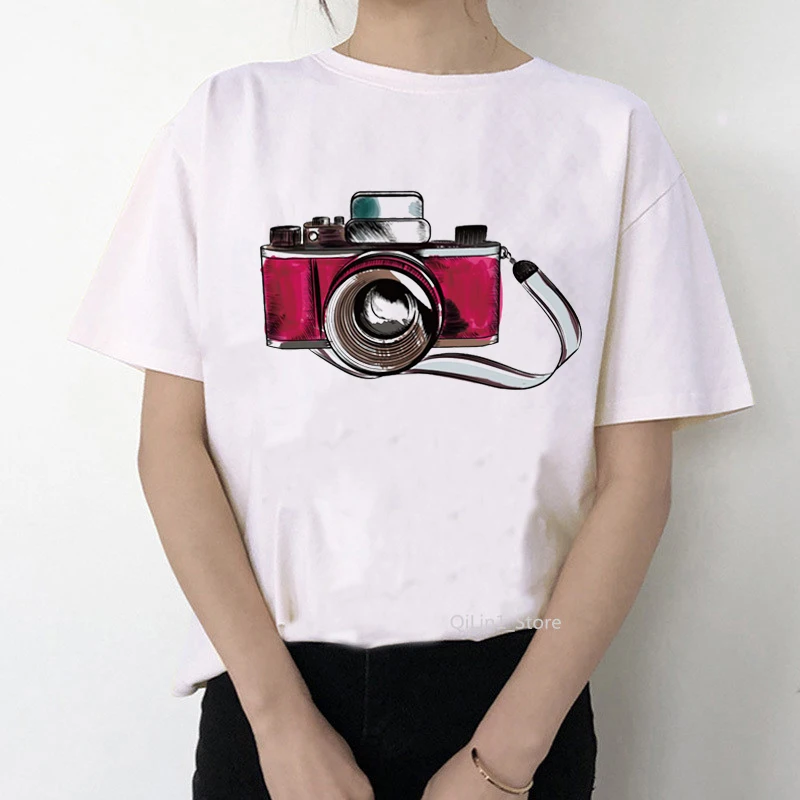 Retro Camera T-Shirt Female Watercolor Flowers Camera Printed Vintage Tee Shirt Femme White T Shirt Graphic Tshirt Tops Clothes