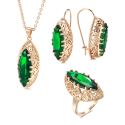 Kinel New 585 Rose Gold Ethnic Bride Necklace Earrings Ring Set Green Rhombus Natural Zircon Hollow Flower Vintage Jewelry Sets