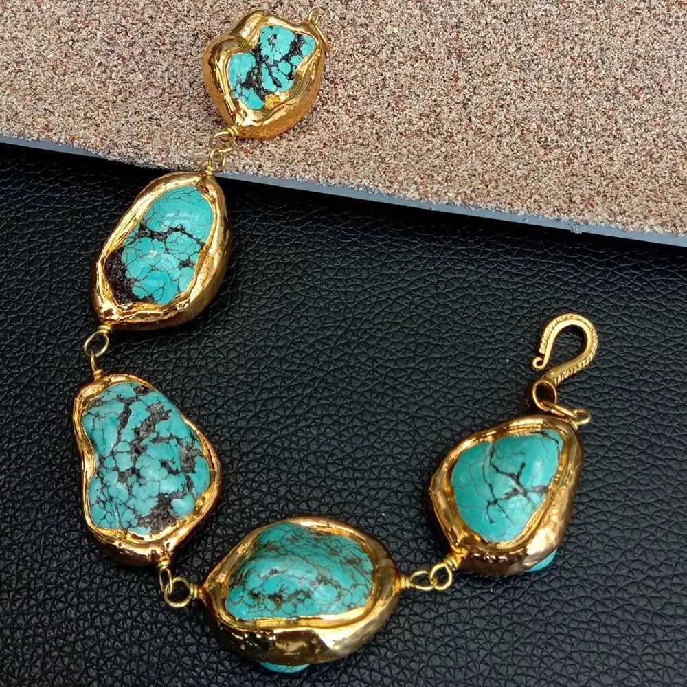 YYGEM 9\'\' Freeform Nugget Blue Turquoise Yellow Gold color Edge Wrap Bracelet Vintage style For women