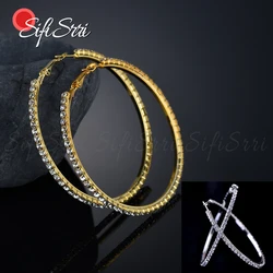 Sifisrri 3-10cm High Polished Hoop Earrings For Women Girls Alloy Metal Round Large Zircon Ear Loops Wedding Party Jewelry Gift
