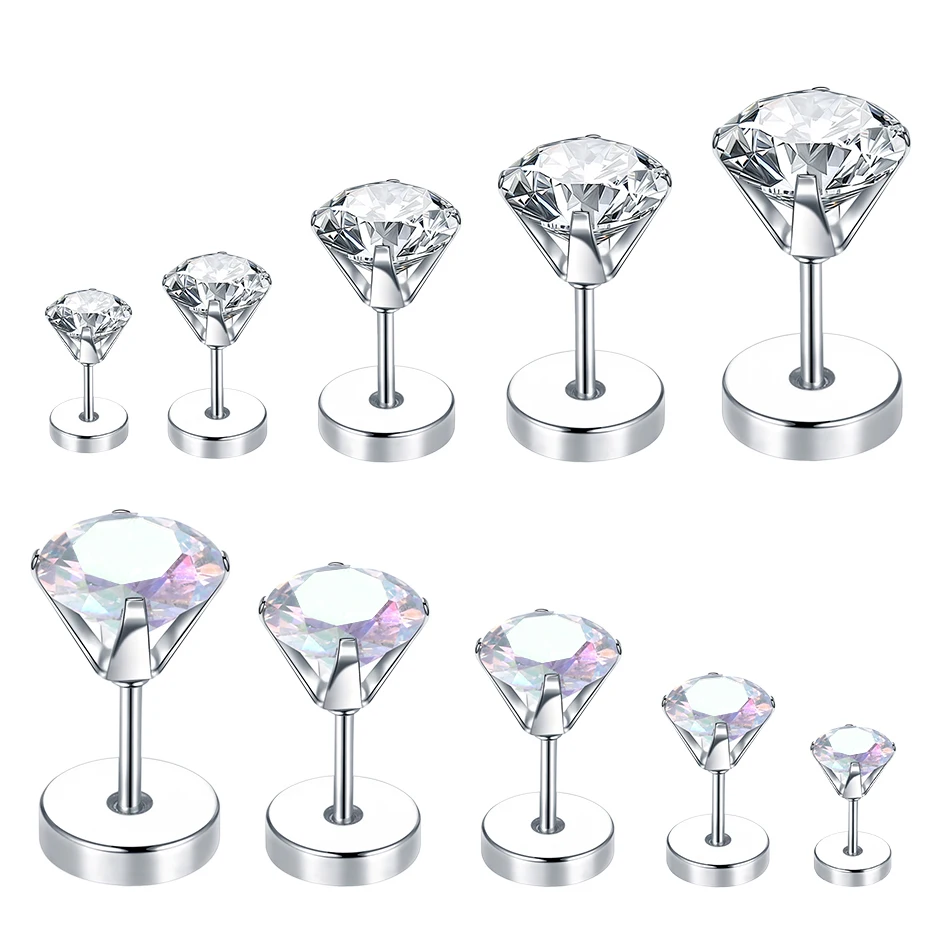 1PC Stainless Steel Crystal Zircon Ear Studs Earrings For Women/Men Prong Gem Tragus Cartilage Piercing Jewelry 3-8mm