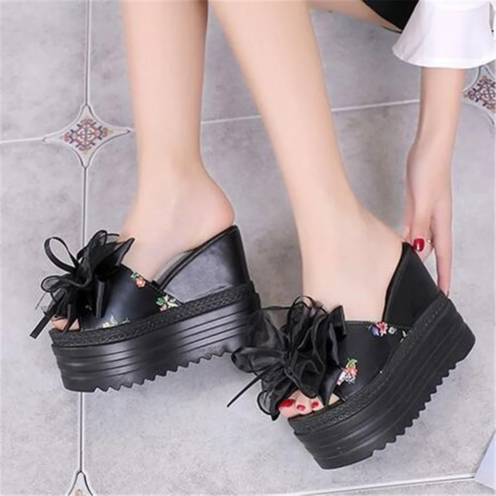 Summer Bow Women Sandals Wedges Body Increases 11 CM Slippers  High Heels Lady Casual Peep Toe Fashion Holiday Beach Shoes Black