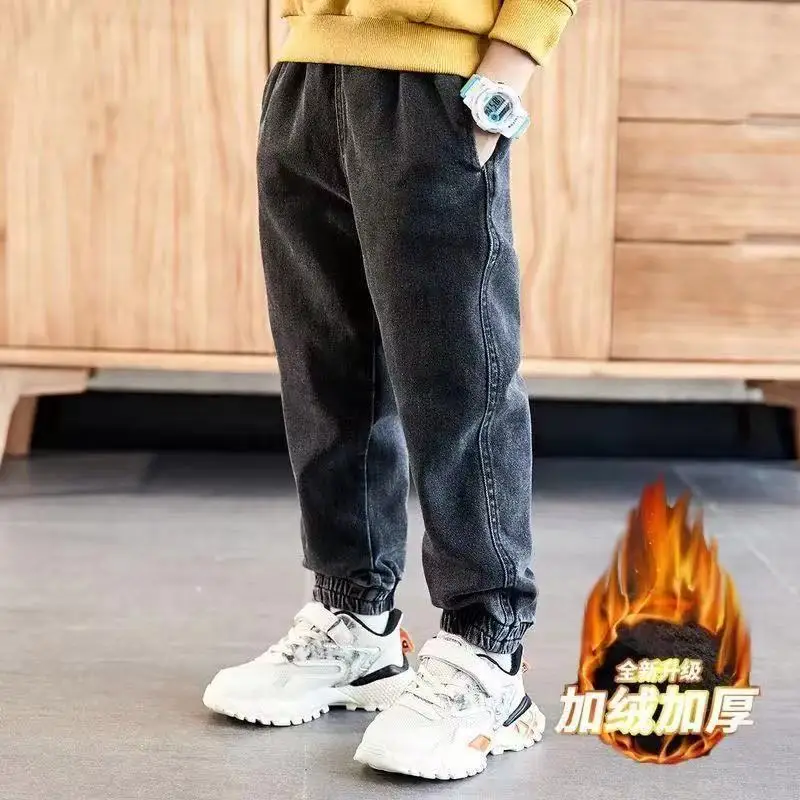 Hot Sale Boys Jeans Casual Child Plus Velvet Pants Winter Kids Jeans Boys 3-12Y Girls Thicking Warm Denim Trousers Teen Clothes