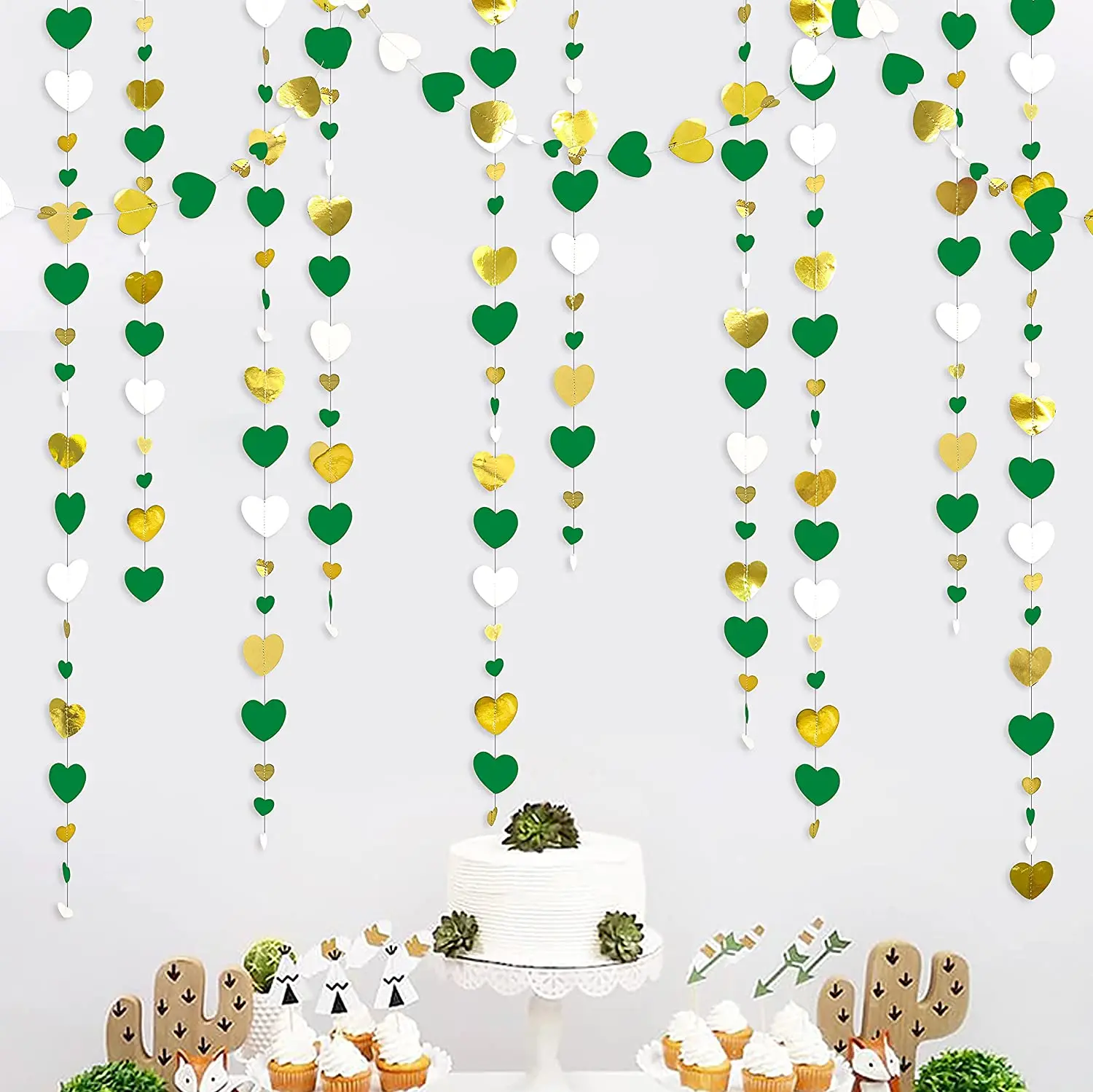 

Green White Gold Love Heart Garlands Hanging Paper Streamers Banner for Green Wedding Bridal Shower Birthday Party Decorations