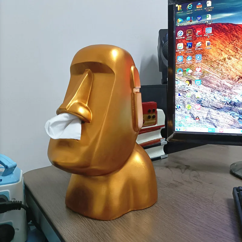 Golden Paper Towel Box Square Moai Shape Resurrection Island Stone Figure Tissue Box Table Decoration Napkin Papers Dispenser