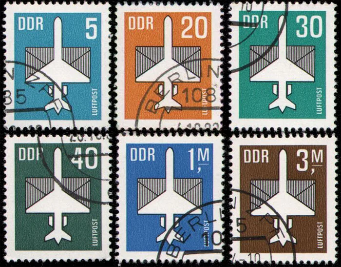 6Pcs/Set DDR Post Stamps Airmail Airplane  Marked Postage Stamps for Collecting