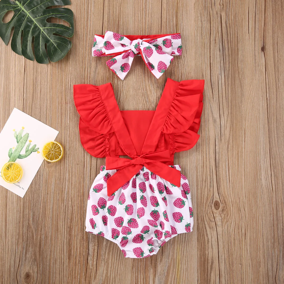 Newborn Baby Girl Ruffle Cherry Print Bodysuits Headband 2pcs Sunsuit Outfits Cherry Stitching Romper Summer Clothes