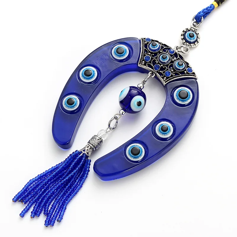 Llavero con forma de herradura para coche, colgante de joyería con cuentas de ojo de búho, color azul