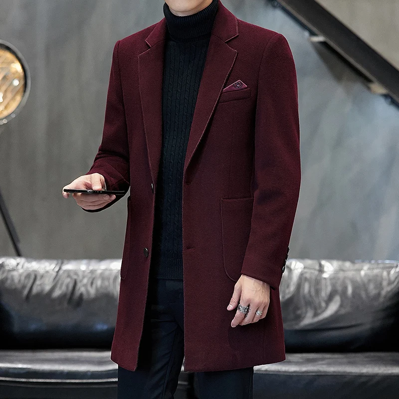 Men's Pure Color Fashion Jackets Winter Casual Overcoat Wool Coat Men Long Sections Woolen Coats Abrigo Largo Hombre