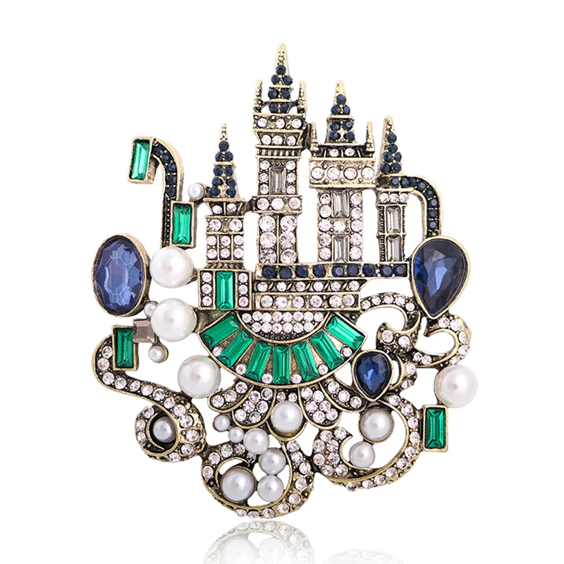 Wuli&baby Big Rhinestone Castle Brooches For Women Designer 3-color Vintage Romantic Palace Party Banquet Brooch Pin Gifts