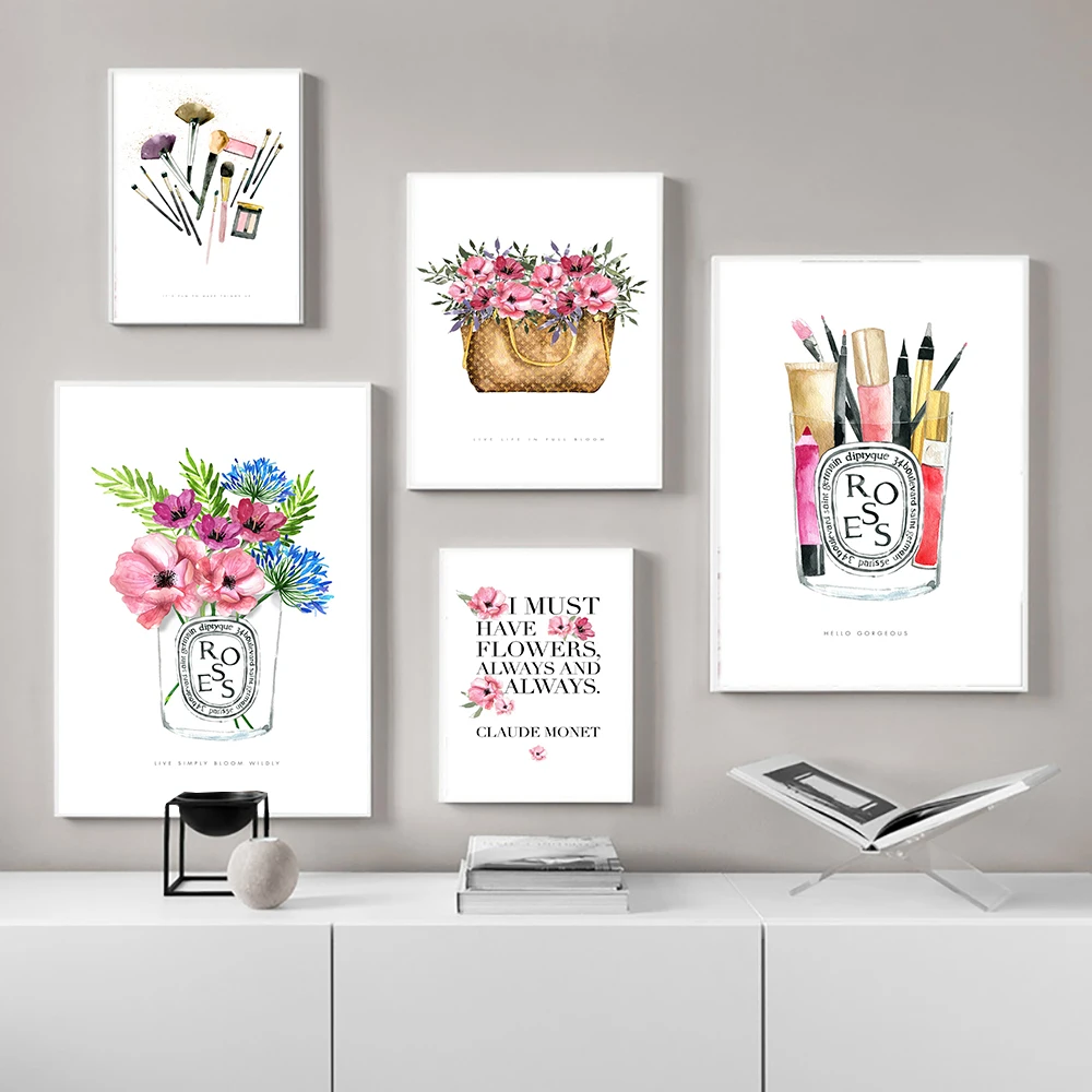 Makeup Fashion Poster Print Perfume Bag Bloom Flower Canvas Painting Trendy Artwork Picture Beauty Salon Girls Room Decoration