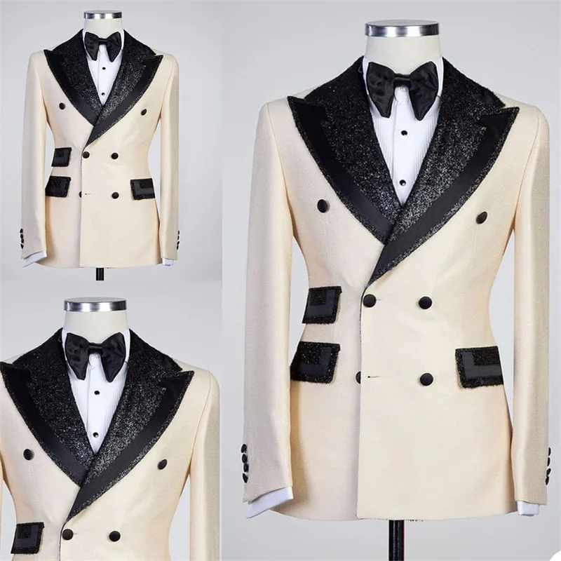 

Beige Printed Wedding Men Suit Modern Cotton Handsome Spring Suits For Best Man Tuxedos Double Breasted Jacket Customized