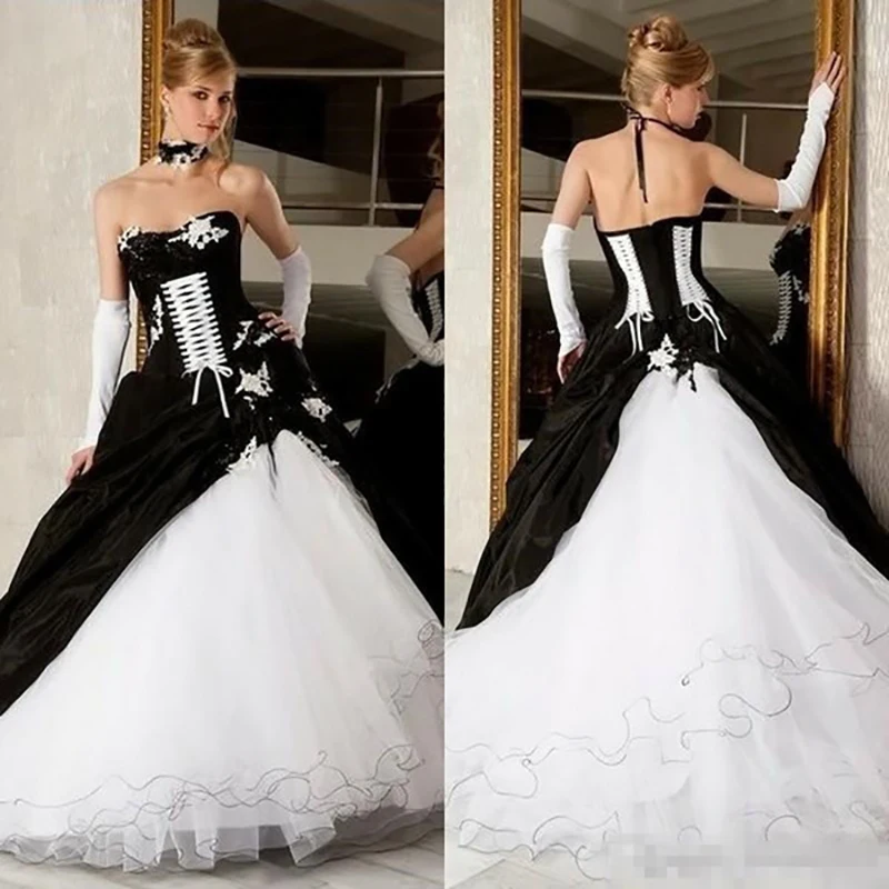 Vintage Schwarz Und Weiß Hochzeit Kleider 2022 Ballkleider Heißer Verkauf Lace-Up Korsett Viktorianischen Gothic Plus Größe Rohrleitungen brautkleider