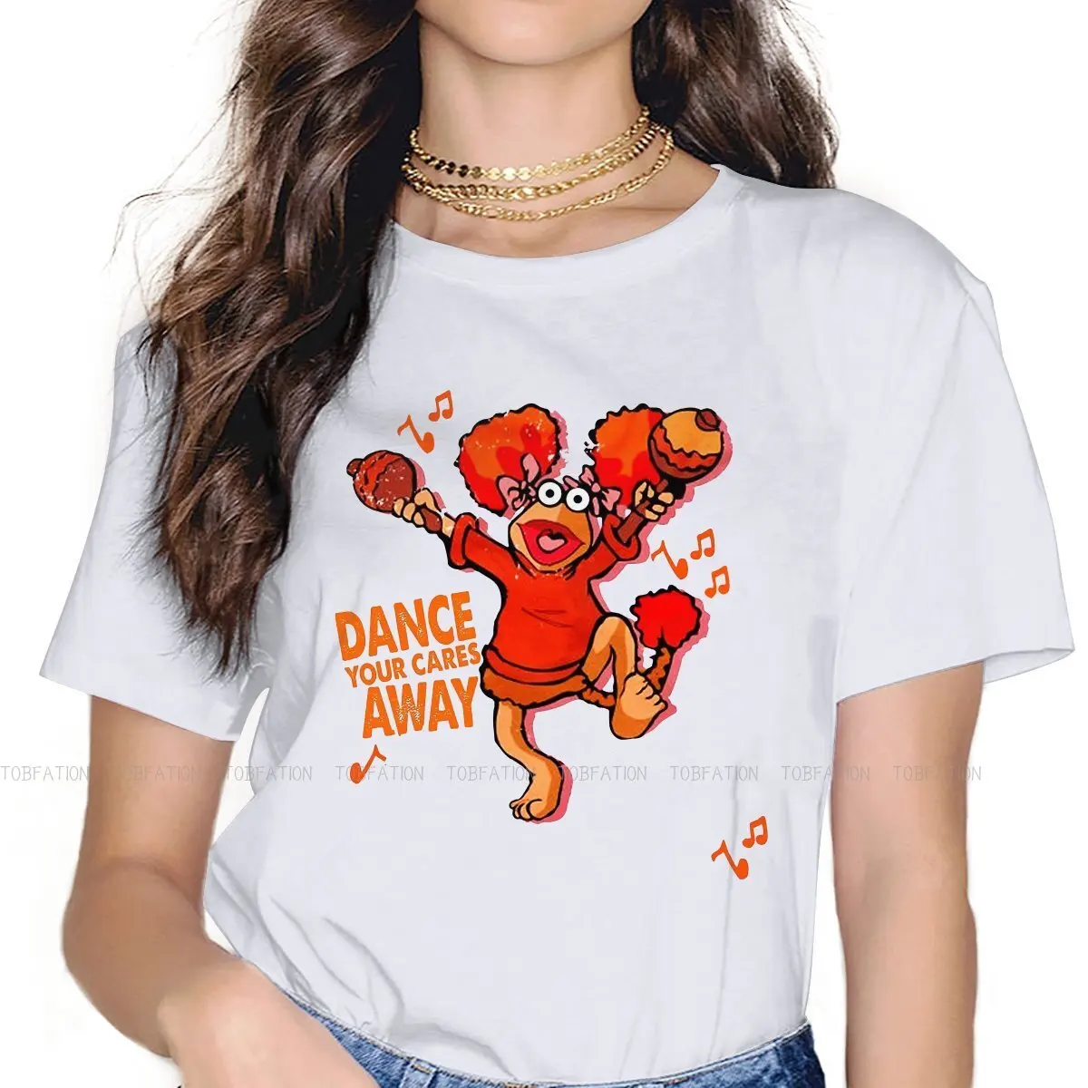 Red Dance Your Cares Away Women Clothing Fraggle Rock Graphic Female Tshirts Vintage Loose Tops Tee Kawaii Girls Streetwear