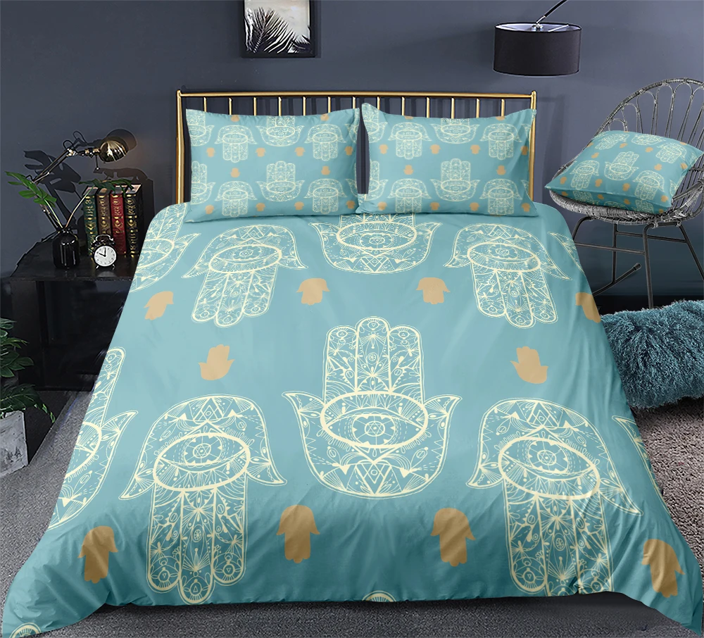 BohemianBedding Set Hamsa Hand Duvet Cover Set Colourful Fatima of Hand Bed Linen Boho Floral Home Textile Lucky Hand