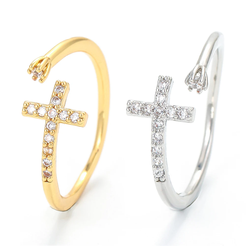 

EYIKA Dainty Gold Silver Color Cross Open Rings Micro Pave Zircon Simple Stackable Asymmetry Ring Daily Wear Minimalist Jewelry