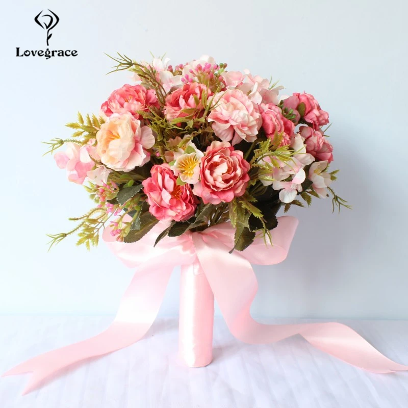 Lovegrace-buquê de flores artificiais, flor falsa, rosa, peônia, damas de honra, buquê de flores, flor, botão, menina, margaridas, casa, flores de casamento