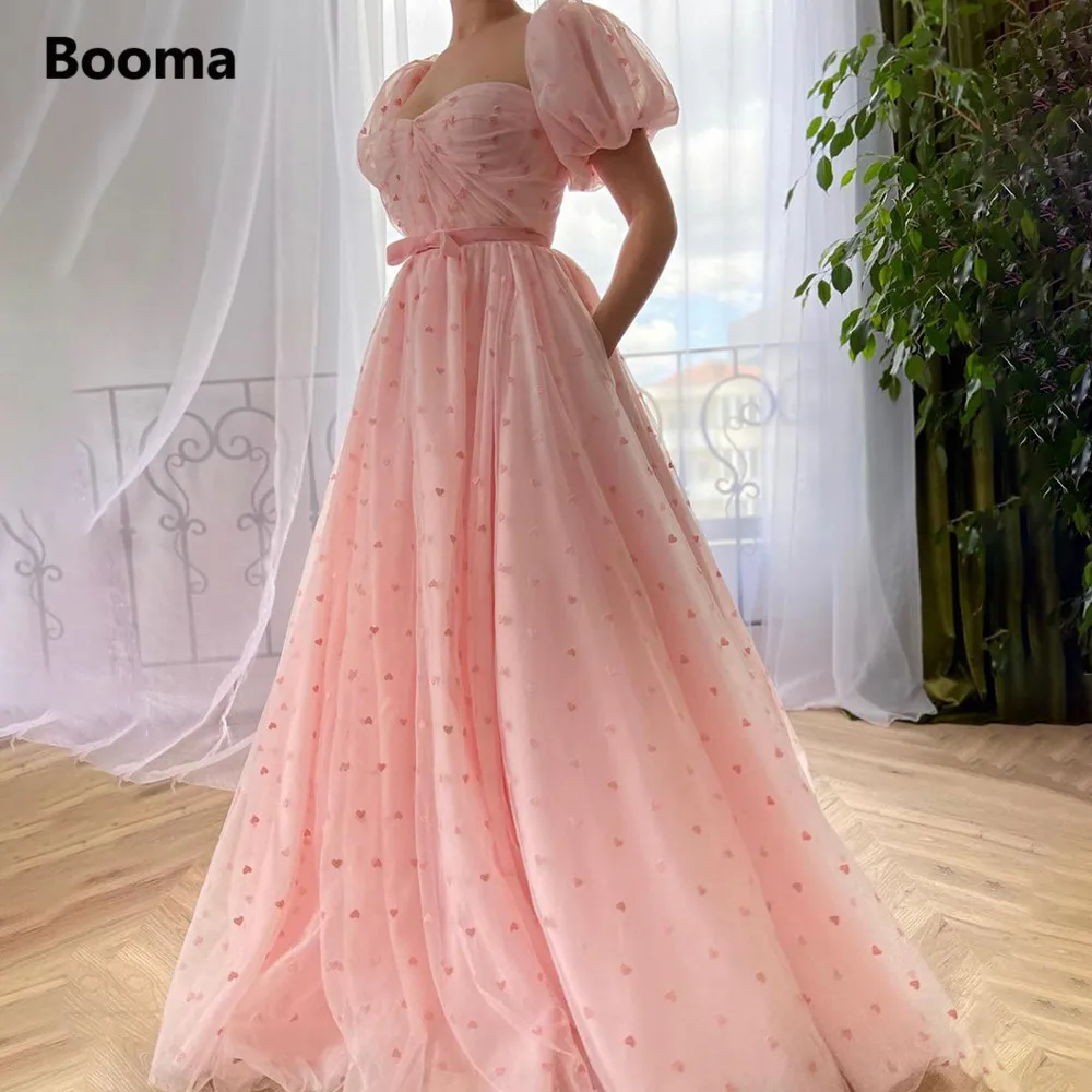 

Booma Baby Pink Heart Tulle Prom Dresses Sweetheart Short Puff Sleeves Birthday Gowns A-Line Wedding Party Dresses for Women