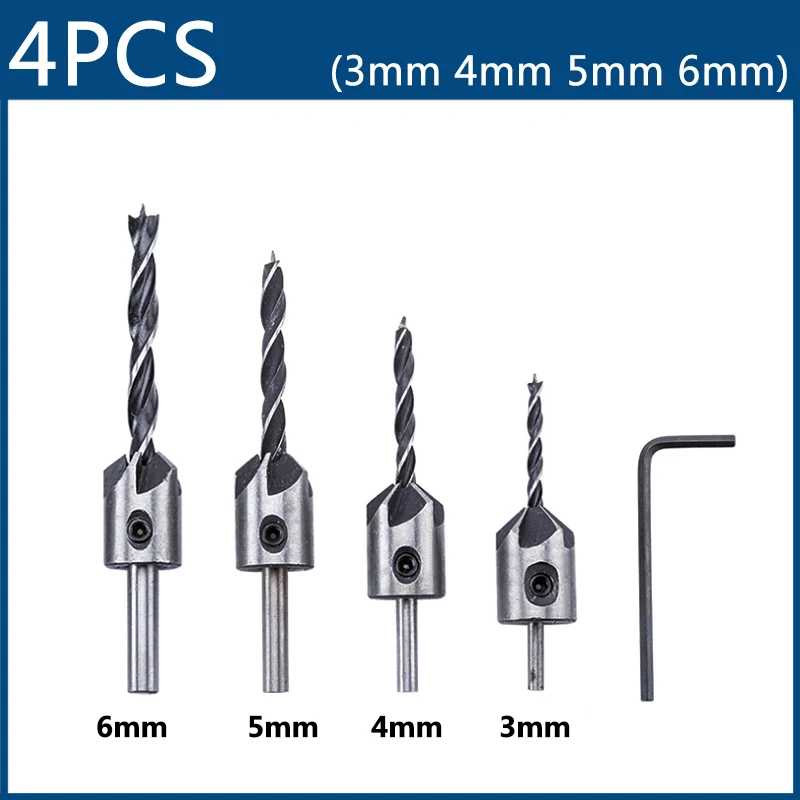 4Pcs/7Pcs Flute Countersink Drills HSS BitS countersunk head drilling Bit Set 3 Tips Woodworking Chamfer Drill 3,4,5,6,7,8,10mm