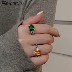 FOXANRY Adjustable Silver Color Wedding Ring for Women Trendy Elegant Vintage Simple Sparkling Green Zircon Bride Jewelry